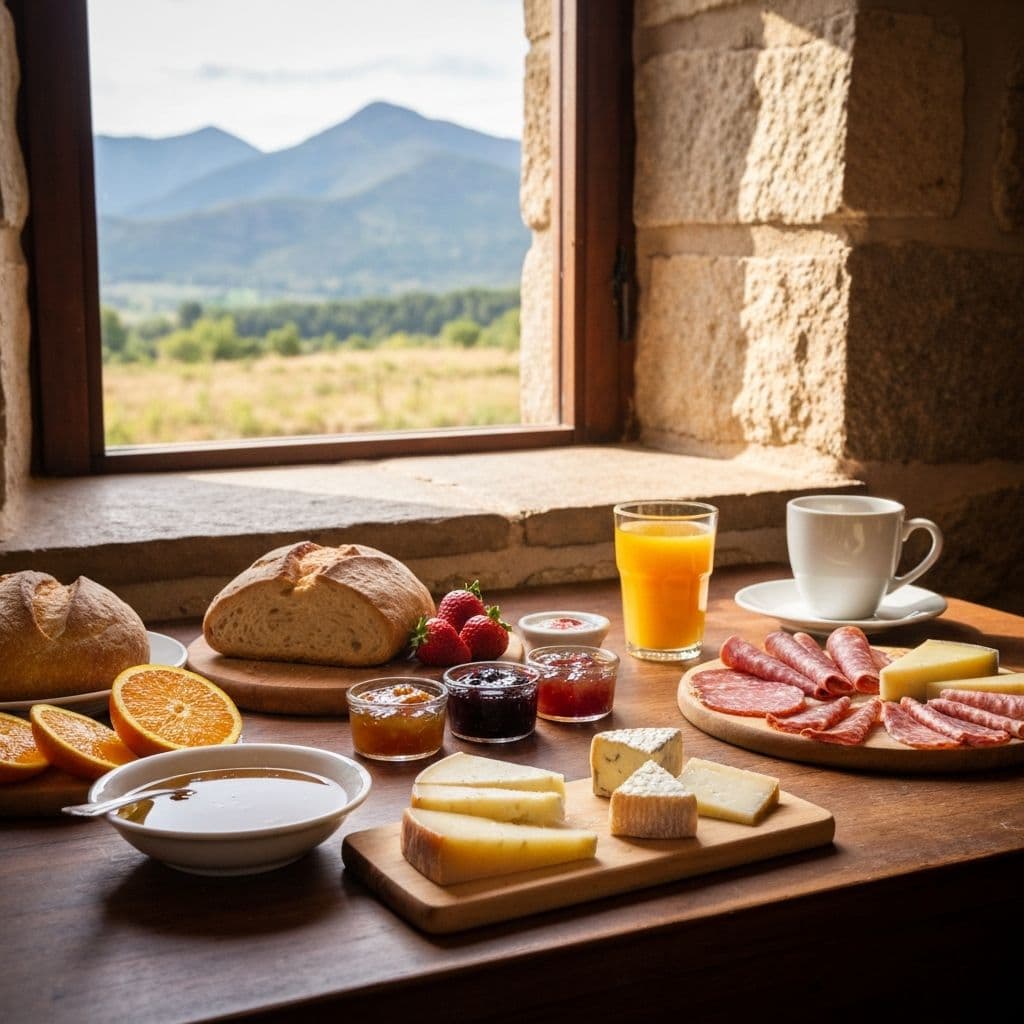 Mesa de desayuno con productos locales del Sobrarbe