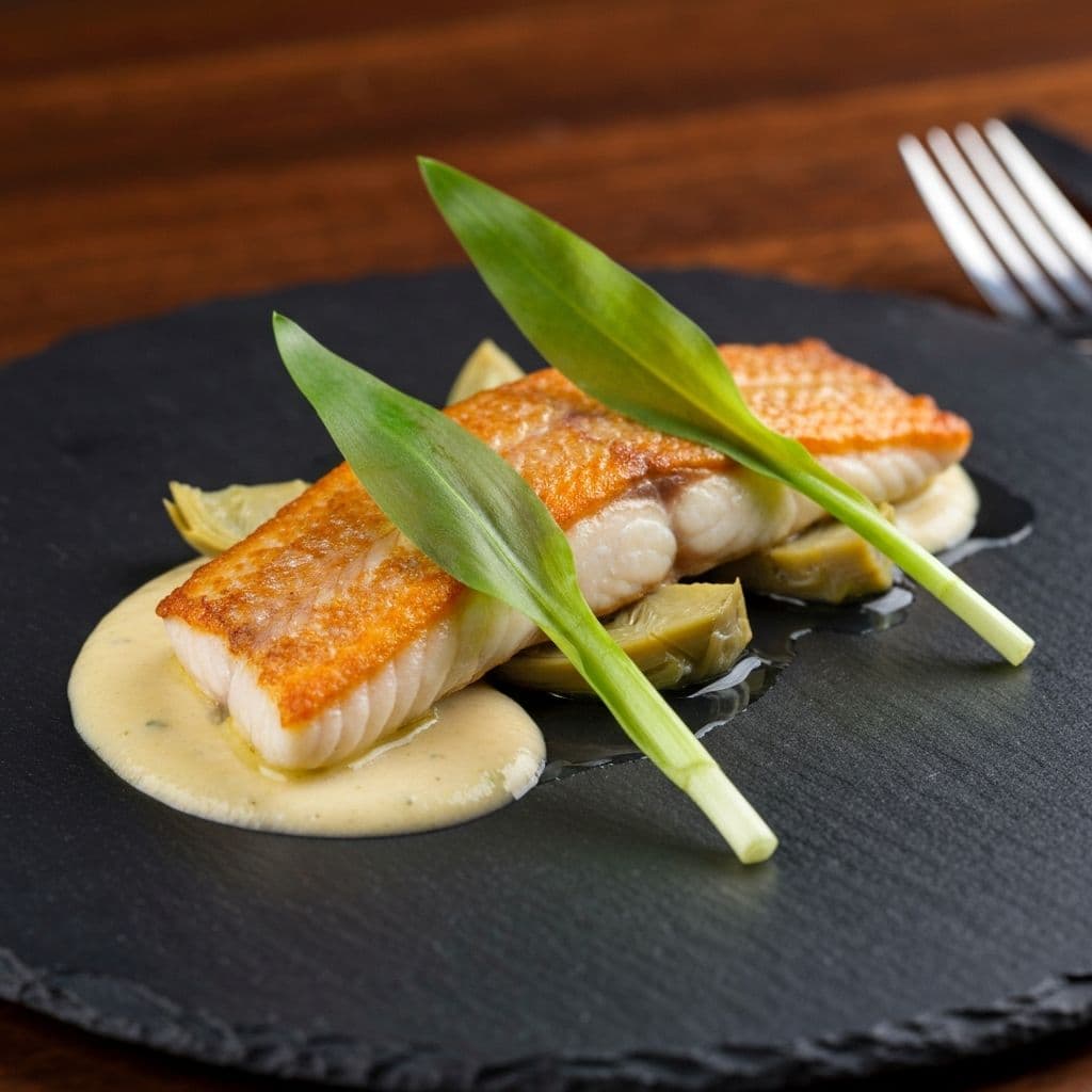 Trucha del río con ajo negro y alcachofa