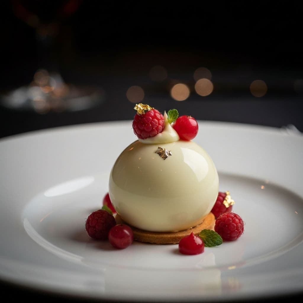 Esfera de chocolate blanco con frutos del bosque